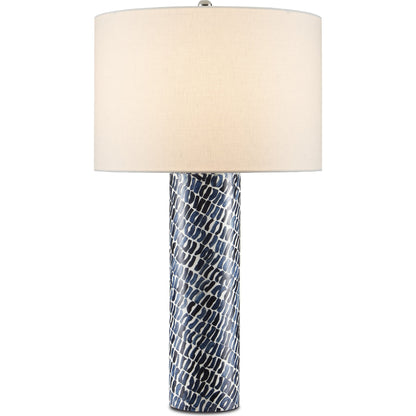 Indigo Table Lamp by Currey and Company in blue, white. Made from composite, wood, bone in a coastal style.
