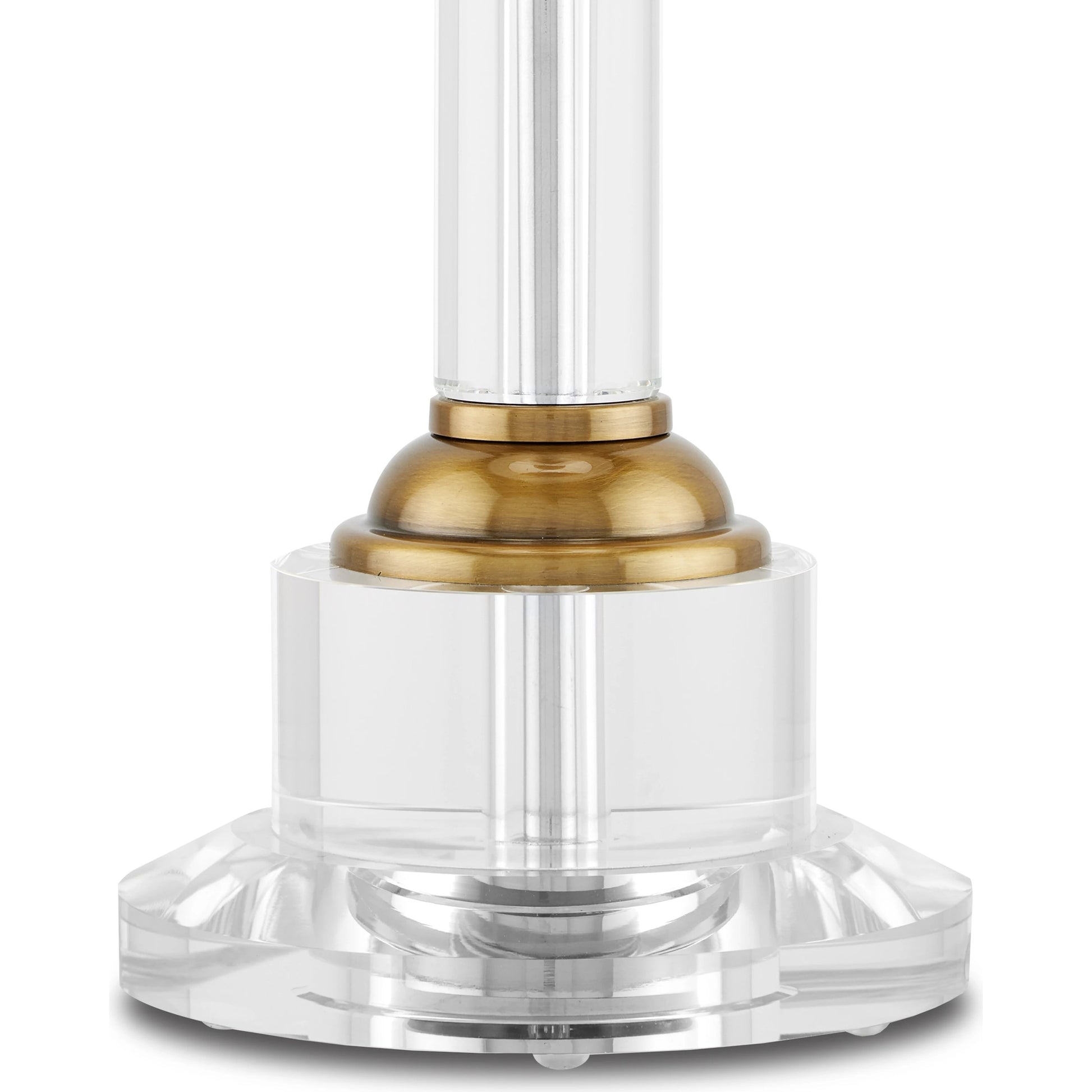 Lothian Table Lamp by Currey and Company in clear, antique brass. Made from optic crystal, metal in a transitional style.