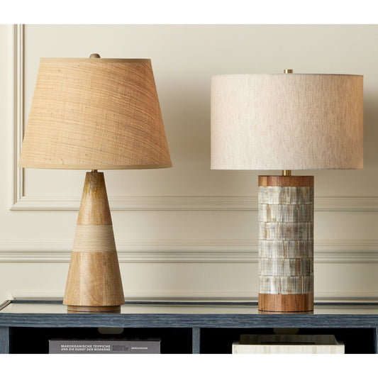 Hyson Table Lamp by Currey and Company in natural, brass. Made from wood, horn, composite, engineered hardwood, metal in a modern style.