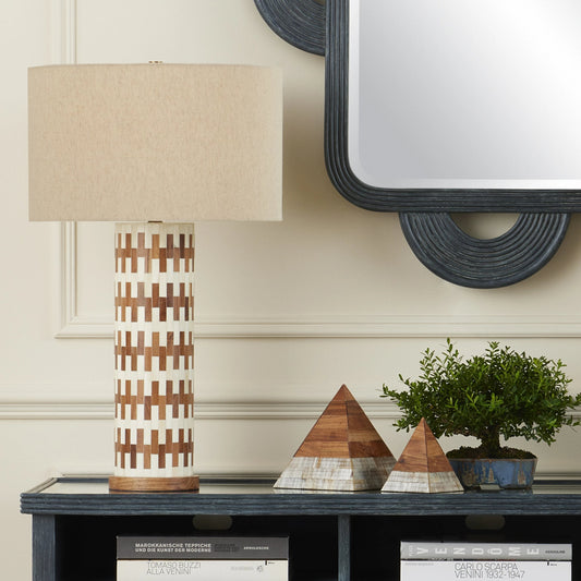 Tia Table Lamp by Currey and Company in white, natural, antique brass. Made from wood, bone, composite, engineered hardwood, metal in a modern style.