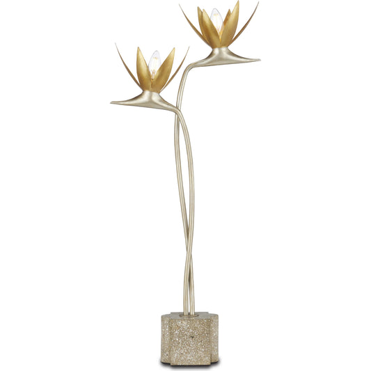 Paradiso Table Lamp by Currey and Company in contemporary silver leaf, contemporary gold leaf. Made from wrought iron, concrete, abalone shell in a modern style.