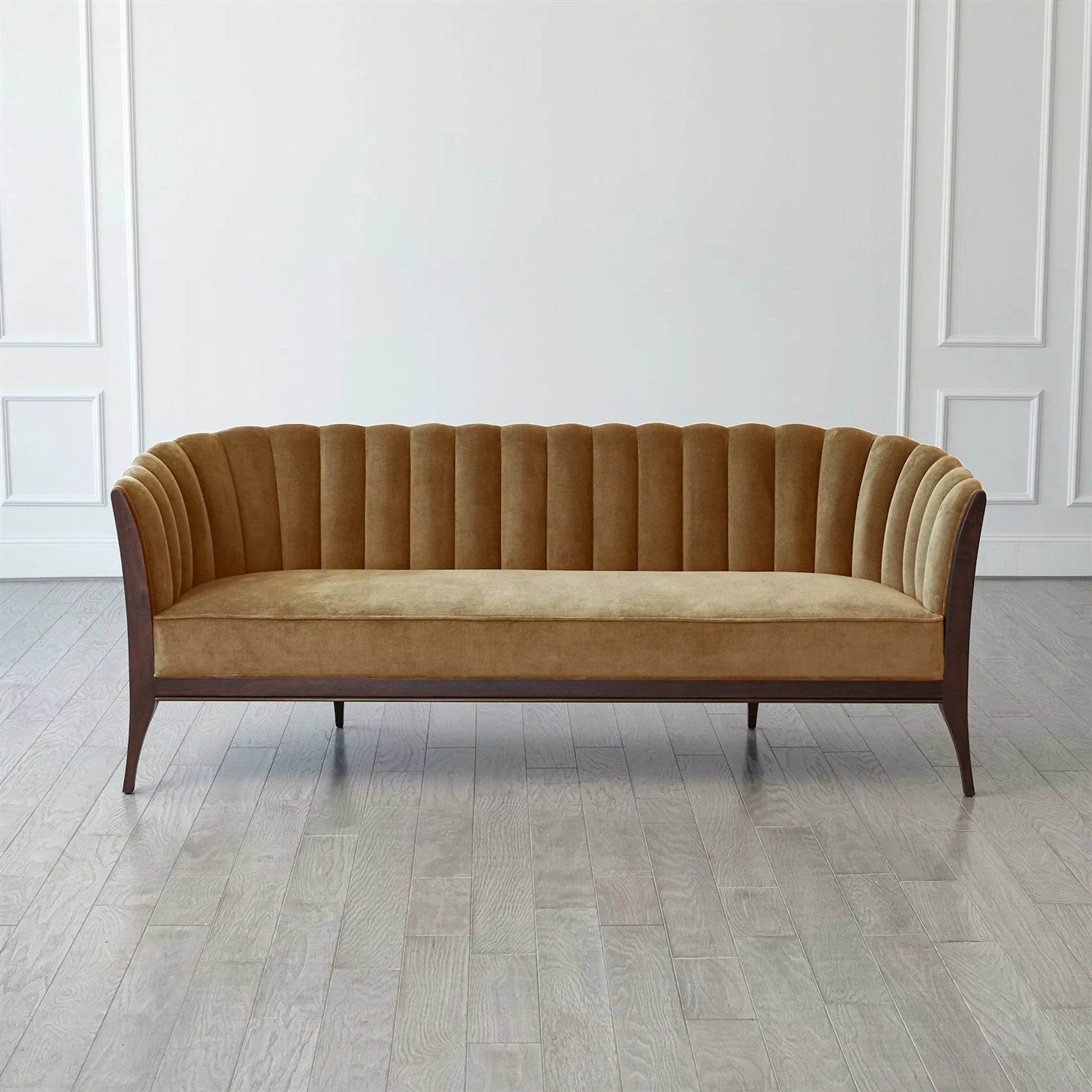 Channel Back Sofa by Global Views. Made from solid walnut, fabric, wood, 100% cotton, double rub: 50,000 in a modern style.
