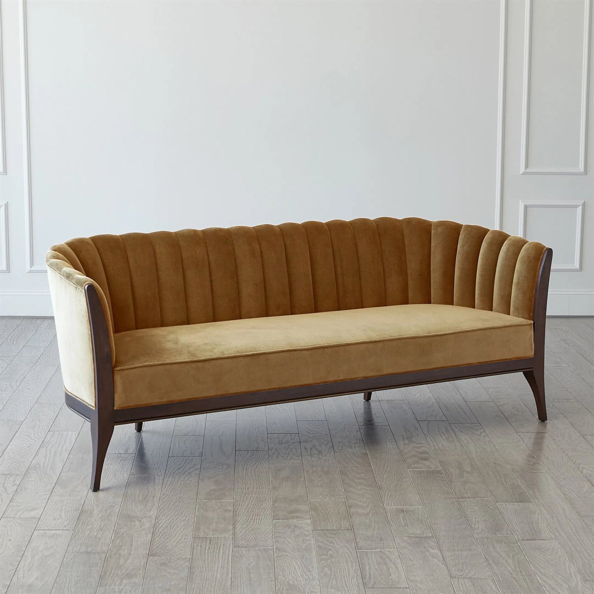 Channel Back Sofa by Global Views. Made from solid walnut, fabric, wood, 100% cotton, double rub: 50,000 in a modern style.