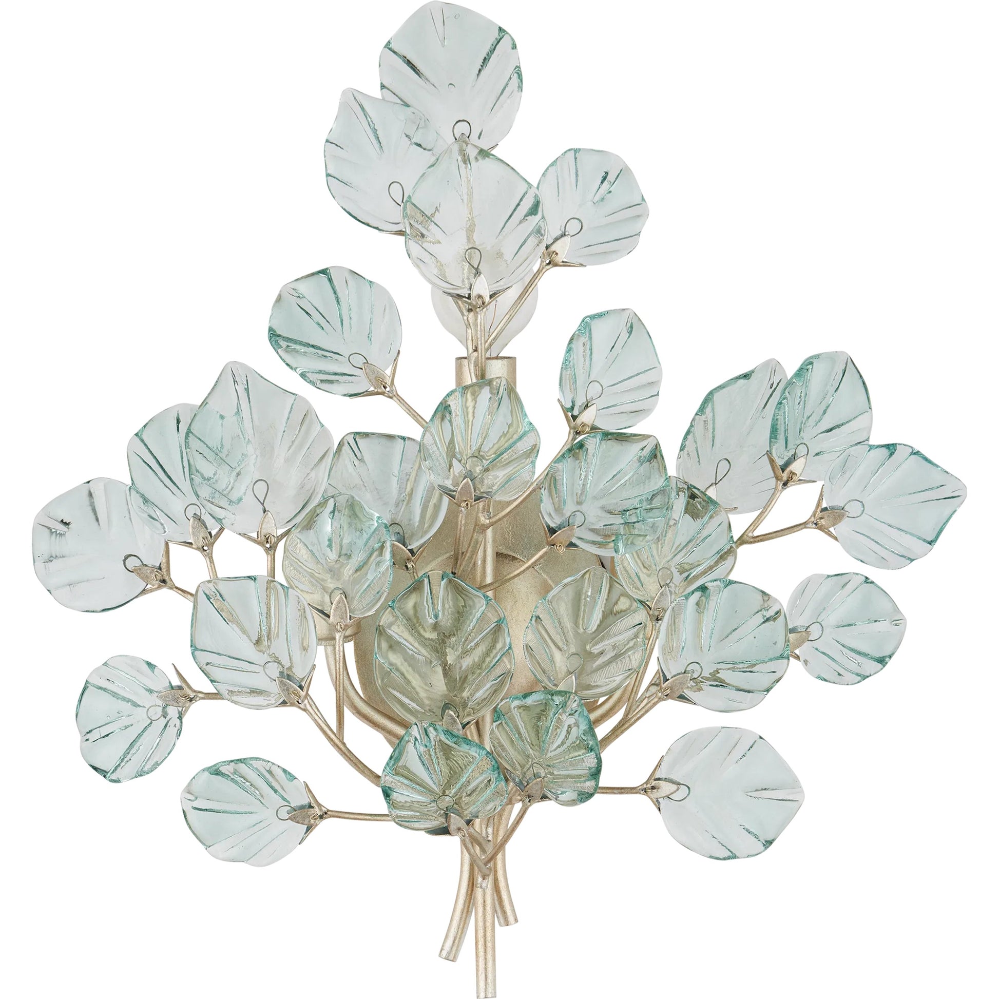Baobab Wall Sconce by Currey and Company in clear, contemporary silver leaf. Made from recycled glass, wrought iron in a modern style.
