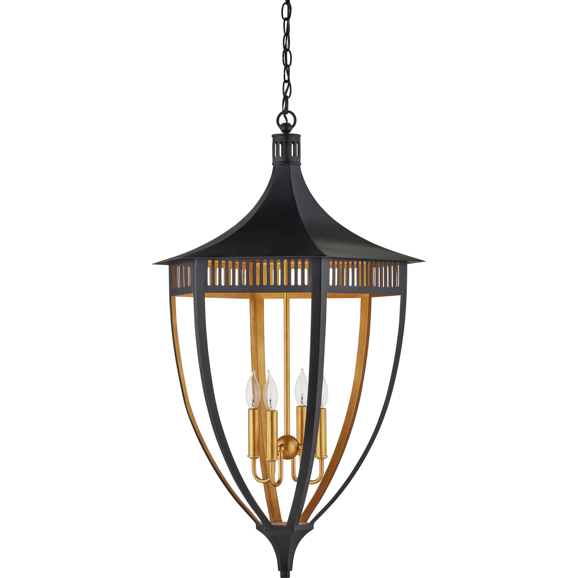 Wycombe Lantern by Currey and Company in satin black, contemporary gold leaf. Made from wrought iron in a modern style.