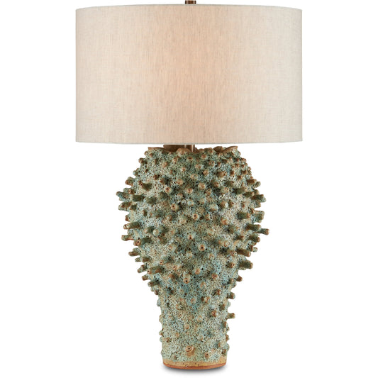 Sea Urchin Table Lamp by Currey and Company in sunken green. Made from ceramic in a coastal style.