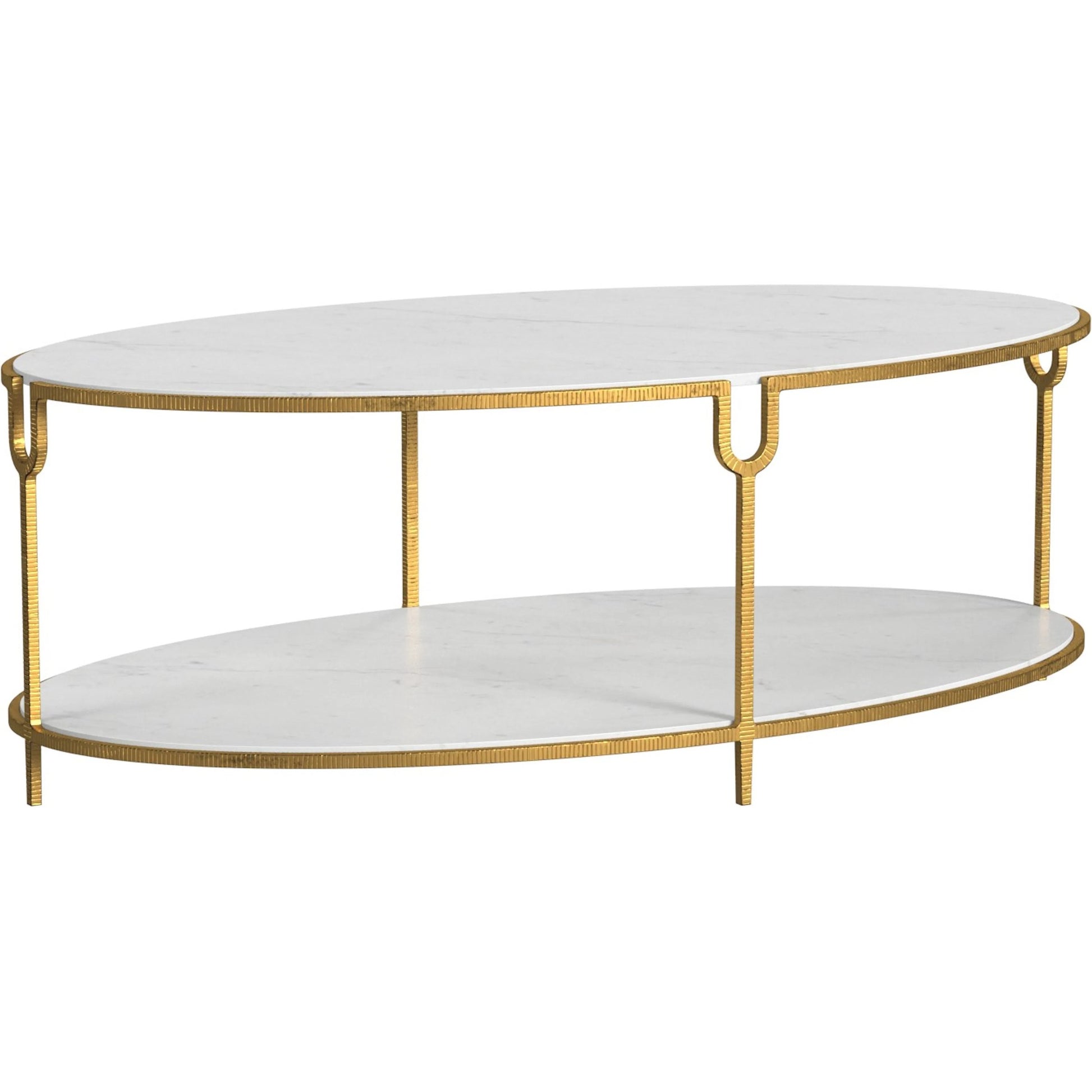 Iron and Stone Coffee Table by Global Views in antique gold. Made from iron, honed white marble in a transitional style.