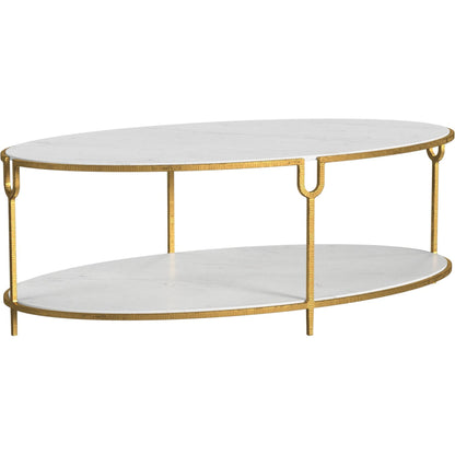 Iron and Stone Coffee Table by Global Views in antique gold. Made from iron, honed white marble in a transitional style.