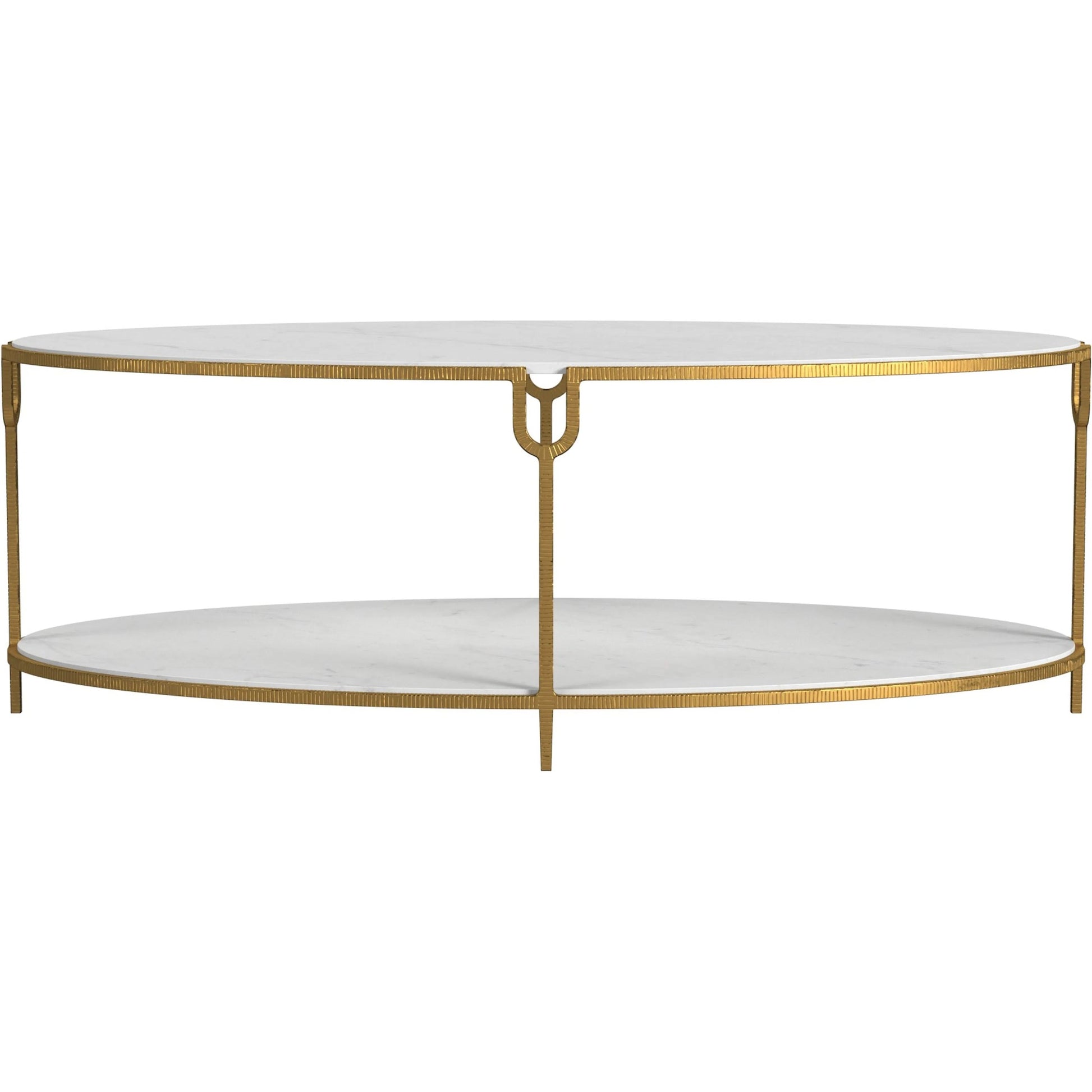 Iron and Stone Coffee Table by Global Views in antique gold. Made from iron, honed white marble in a transitional style.