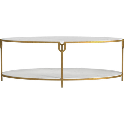Iron and Stone Coffee Table by Global Views in antique gold. Made from iron, honed white marble in a transitional style.