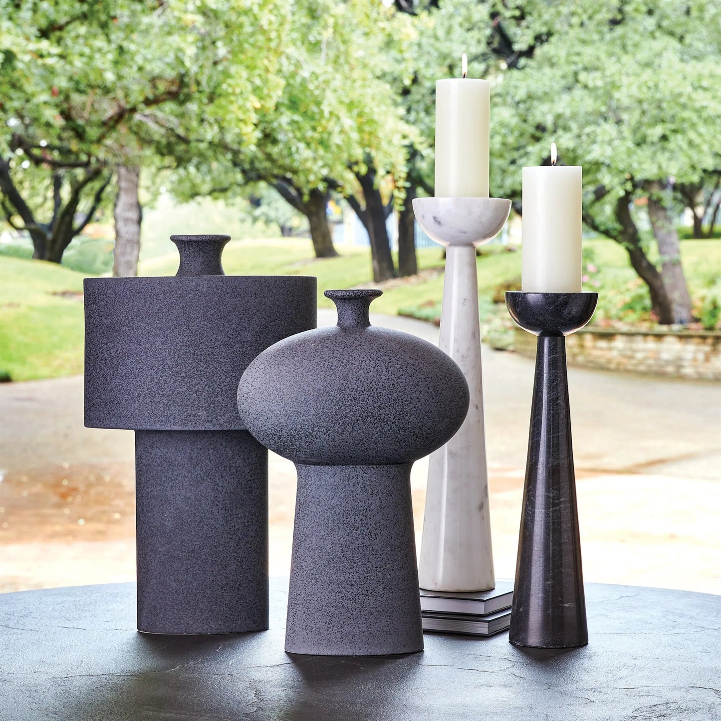 003 SI-2445648 | Lifestyle | Folk Ovoid Vase by Global Views in black stone. Made from earthenware in a modern style.