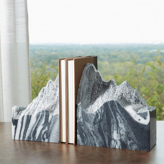 Pair Mountain Summit Bookends by Global Views in black marble. Made from bheslana black marble in a unique style.