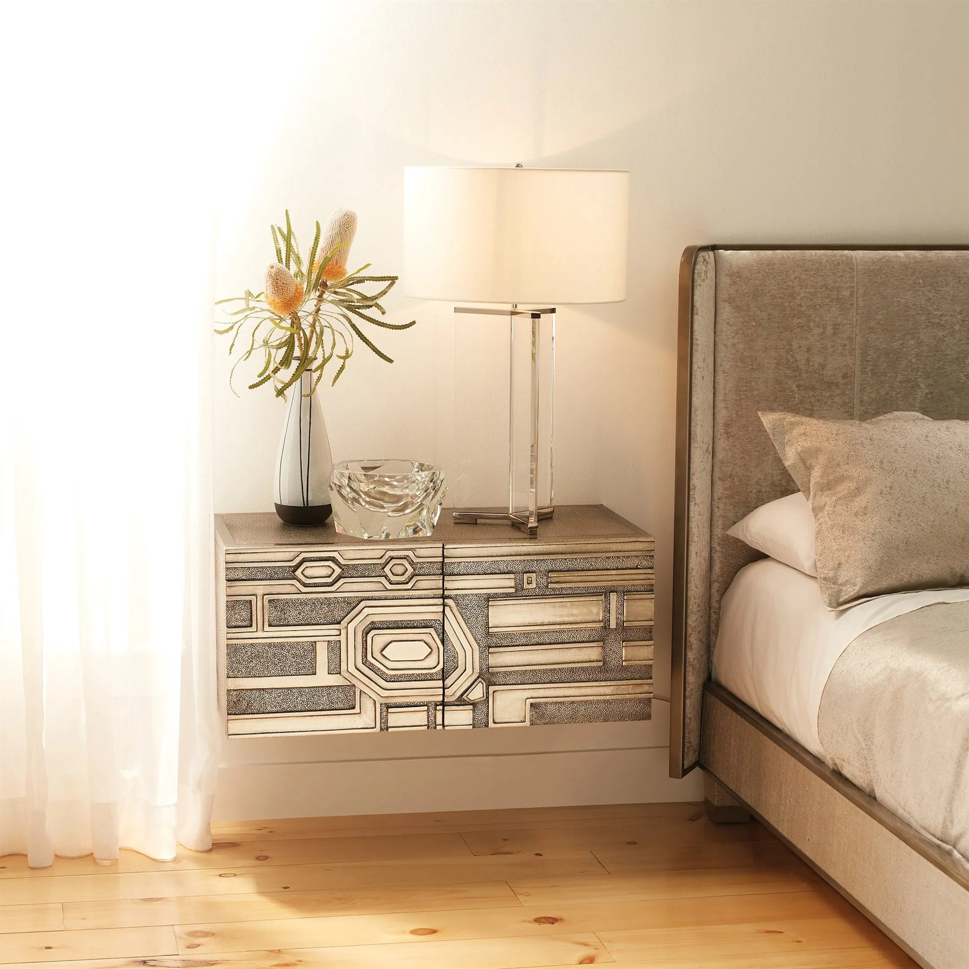 Abstract Block Left Cabinet by Global Views in silver. Made from mango, mdf in a modern style.