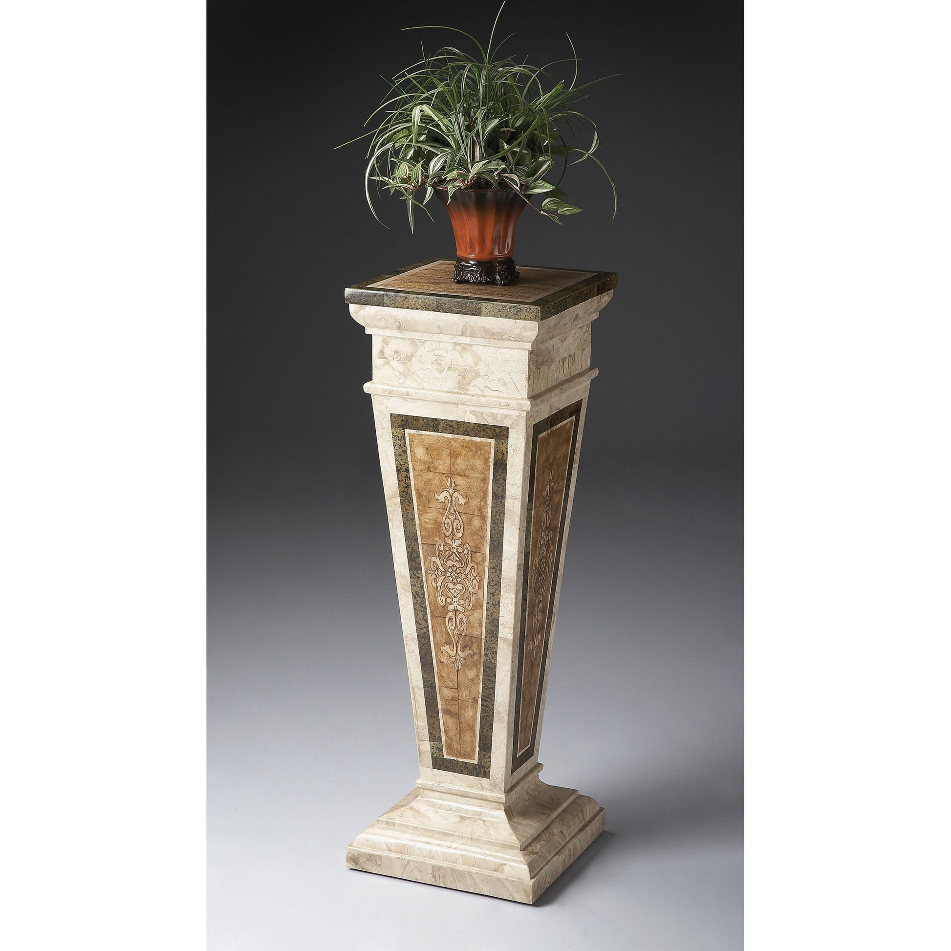 Augustus Etched Fossil Stone Pedestal by Butler Specialty Company in multicolored and heritage. Made from wood products, fossil stone veneers in a eclectic & global style.