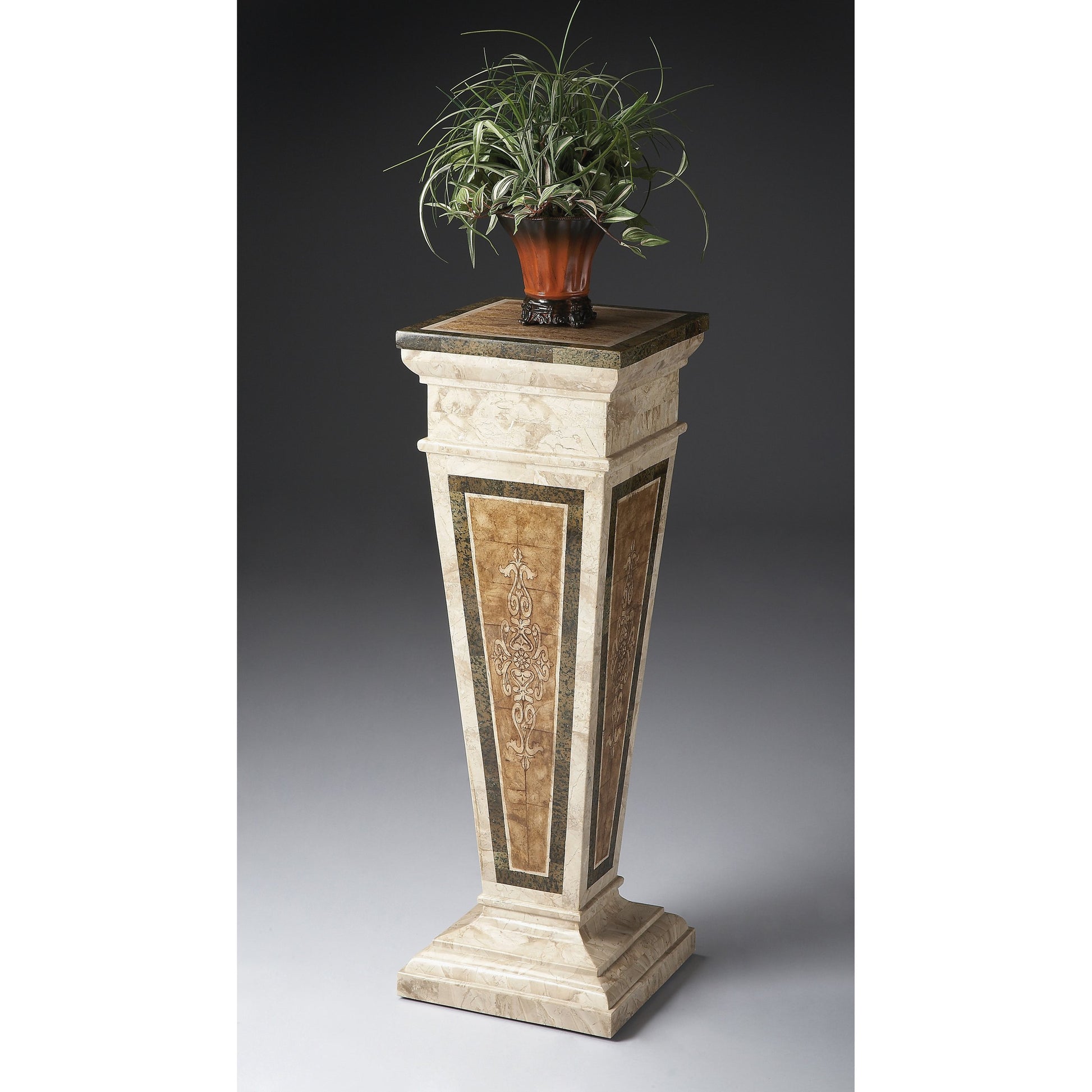 Augustus Etched Fossil Stone Pedestal by Butler Specialty Company in multicolored and heritage. Made from wood products, fossil stone veneers in a eclectic & global style.