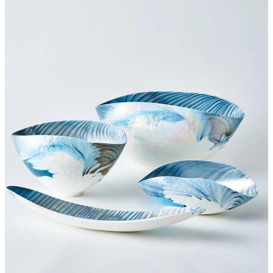 006 SR-892293,SR-892294 | Additional Silo | Ivory Turquoise Feather Swirl Oval Bowl by Global Views. Made from art glass in a coastal style.
