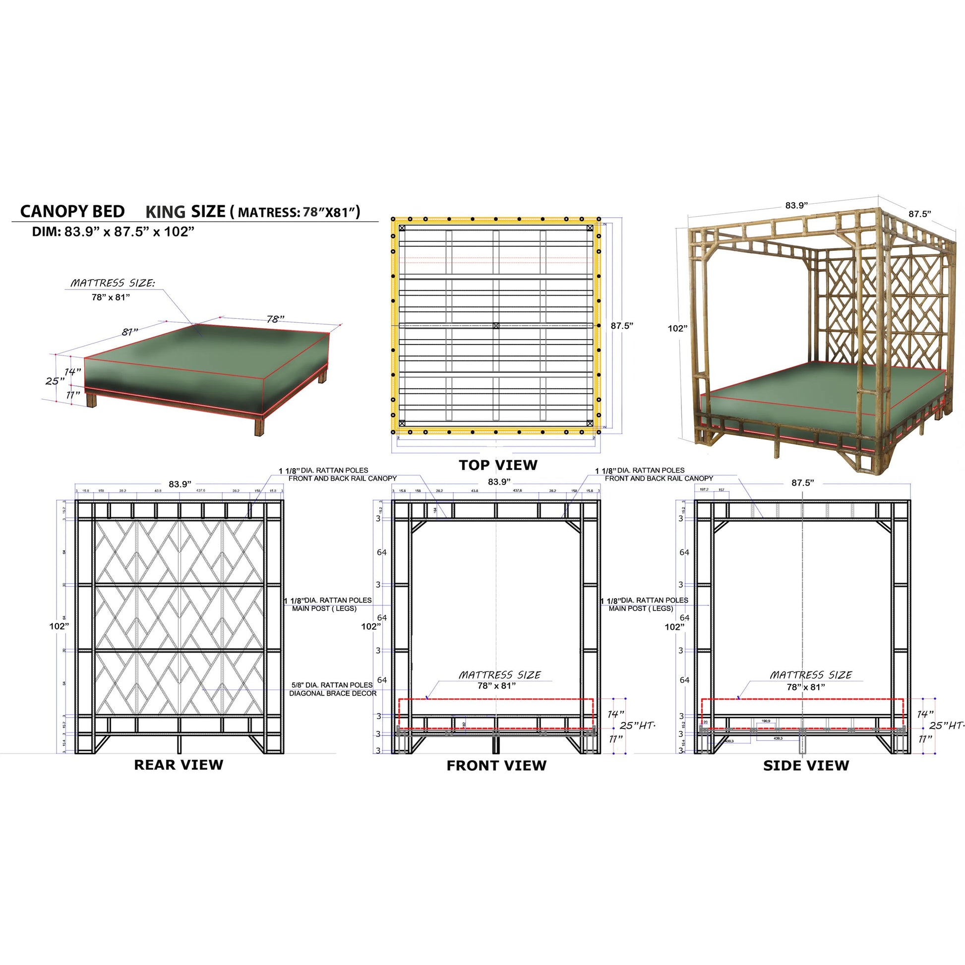 Paradise Canopy Bed by Chelsea House in tan. Made from rattan, wood in a rustic style.