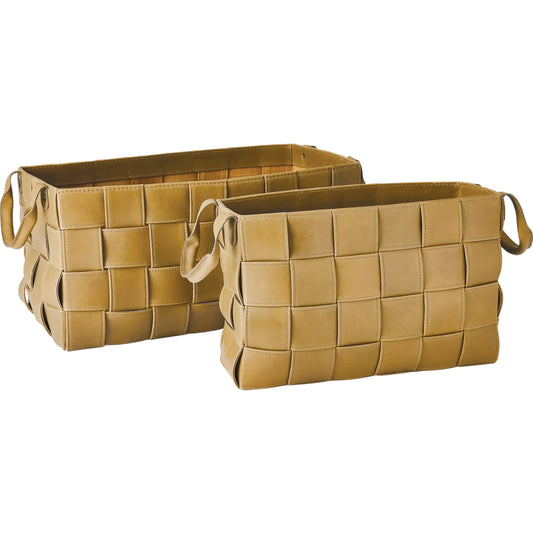 Soft Woven Leather Basket by Global Views. Made from lining material split suede leather, top grain marble leather in a traditional style.