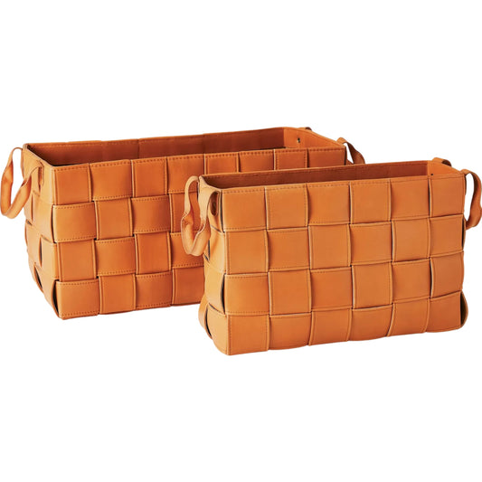 Soft Woven Leather Basket by Global Views. Made from lining material split suede leather, top grain marble leather in a traditional style.