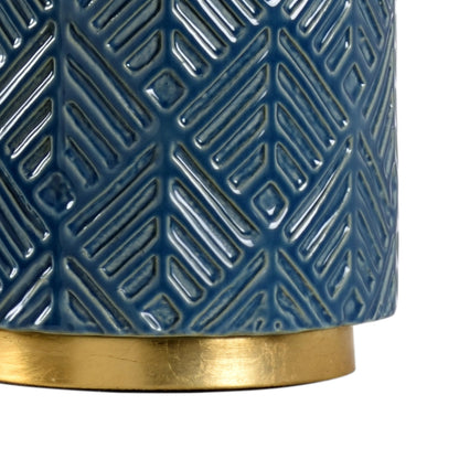 Mountain Pine Lamp by Wildwood in light denim glaze, antique gold leaf. Made from ceramic in a transitional style.