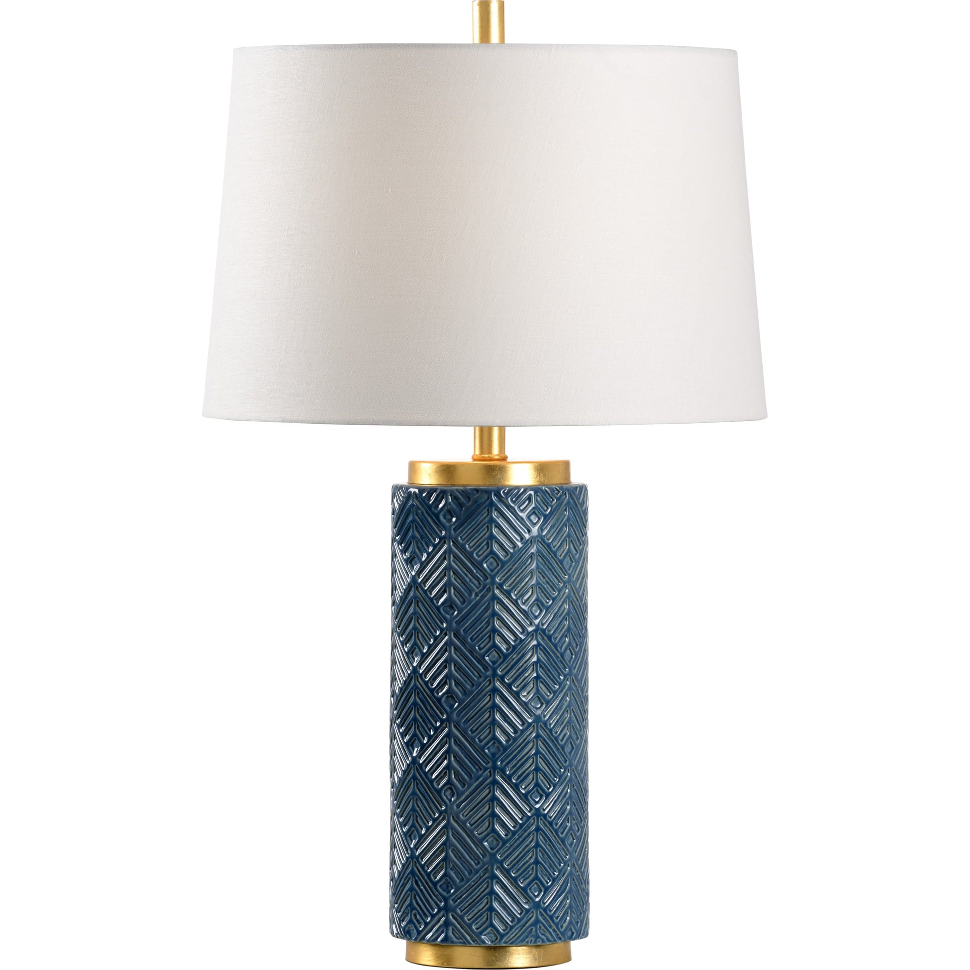 Mountain Pine Lamp by Wildwood in light denim glaze, antique gold leaf. Made from ceramic in a transitional style.