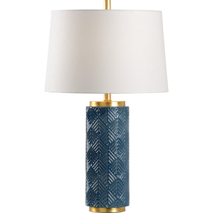 Mountain Pine Lamp by Wildwood in light denim glaze, antique gold leaf. Made from ceramic in a transitional style.