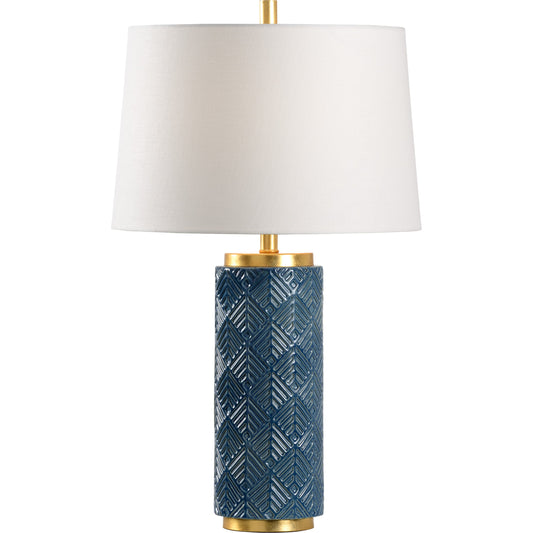 Mountain Pine Lamp by Wildwood in light denim glaze, antique gold leaf. Made from ceramic in a transitional style.
