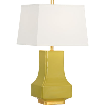 Malone Lamp by Wildwood in cadet blue glaze, antique gold leaf. Made from ceramic in a modern style.