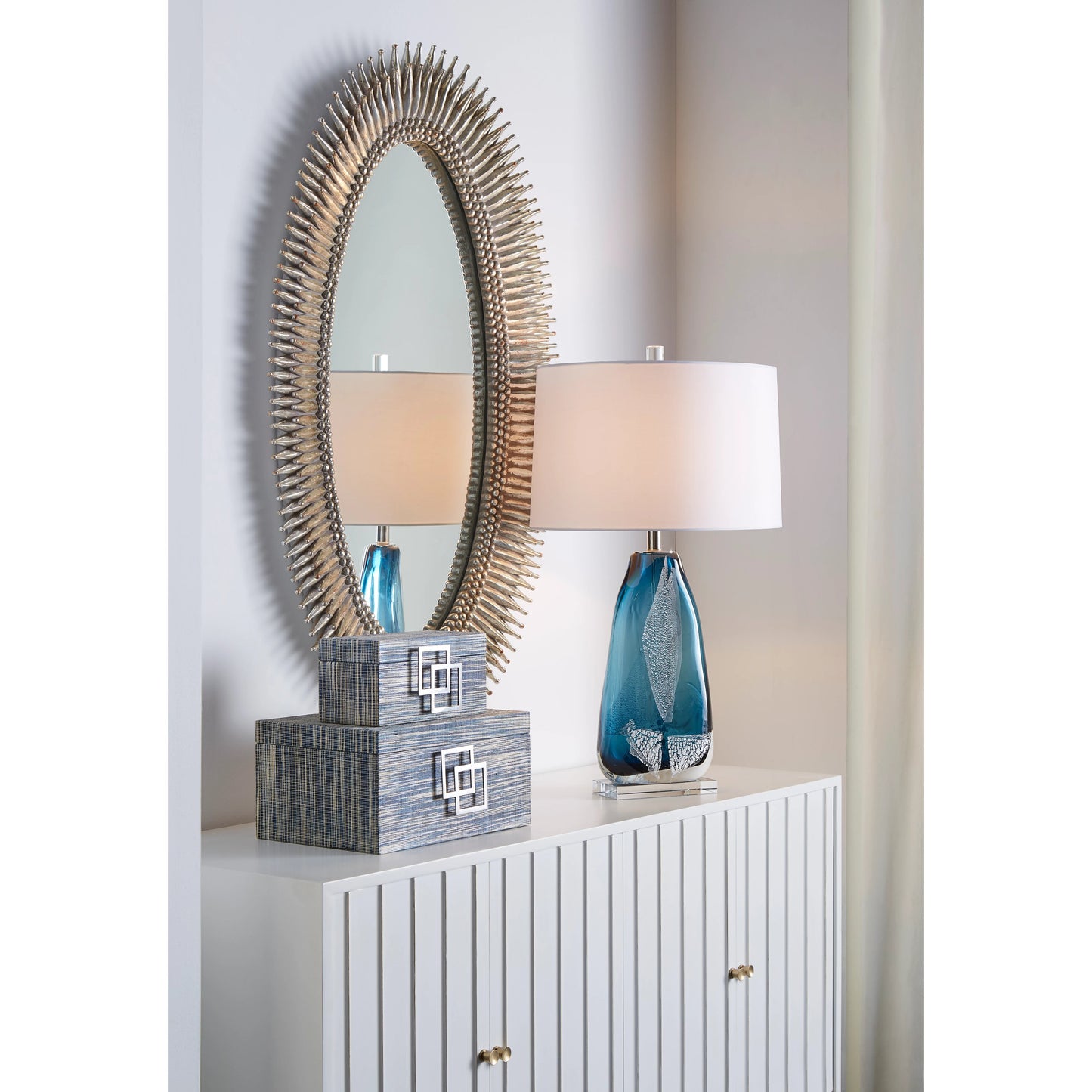 005 SR-385063 | Additional Silo | Clauseen Lamp by Wildwood in ocean, silver leaf, clear. Made from glass in a coastal style.