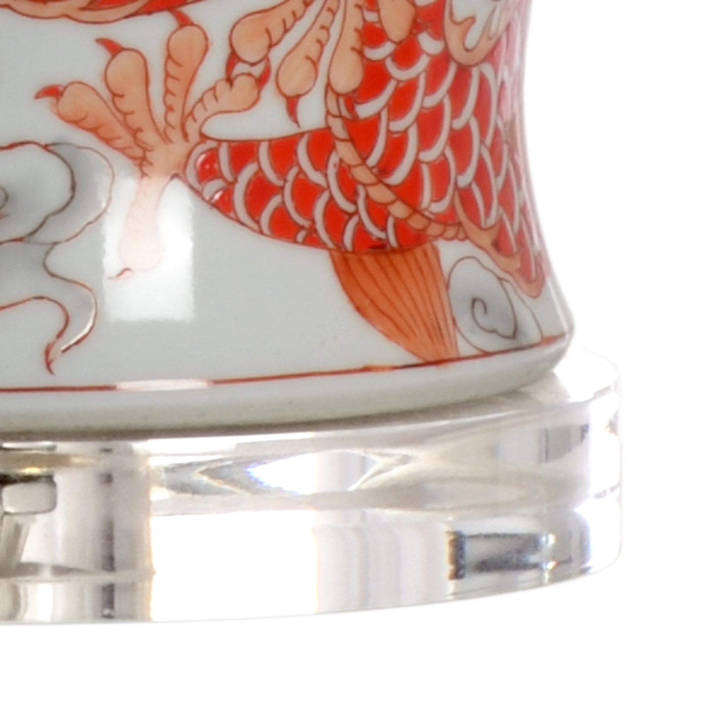 002 SR-782786 | Closeup | Prosperity Lamp by Wildwood in red, white glaze, clear. Made from porcelain in a traditional style.