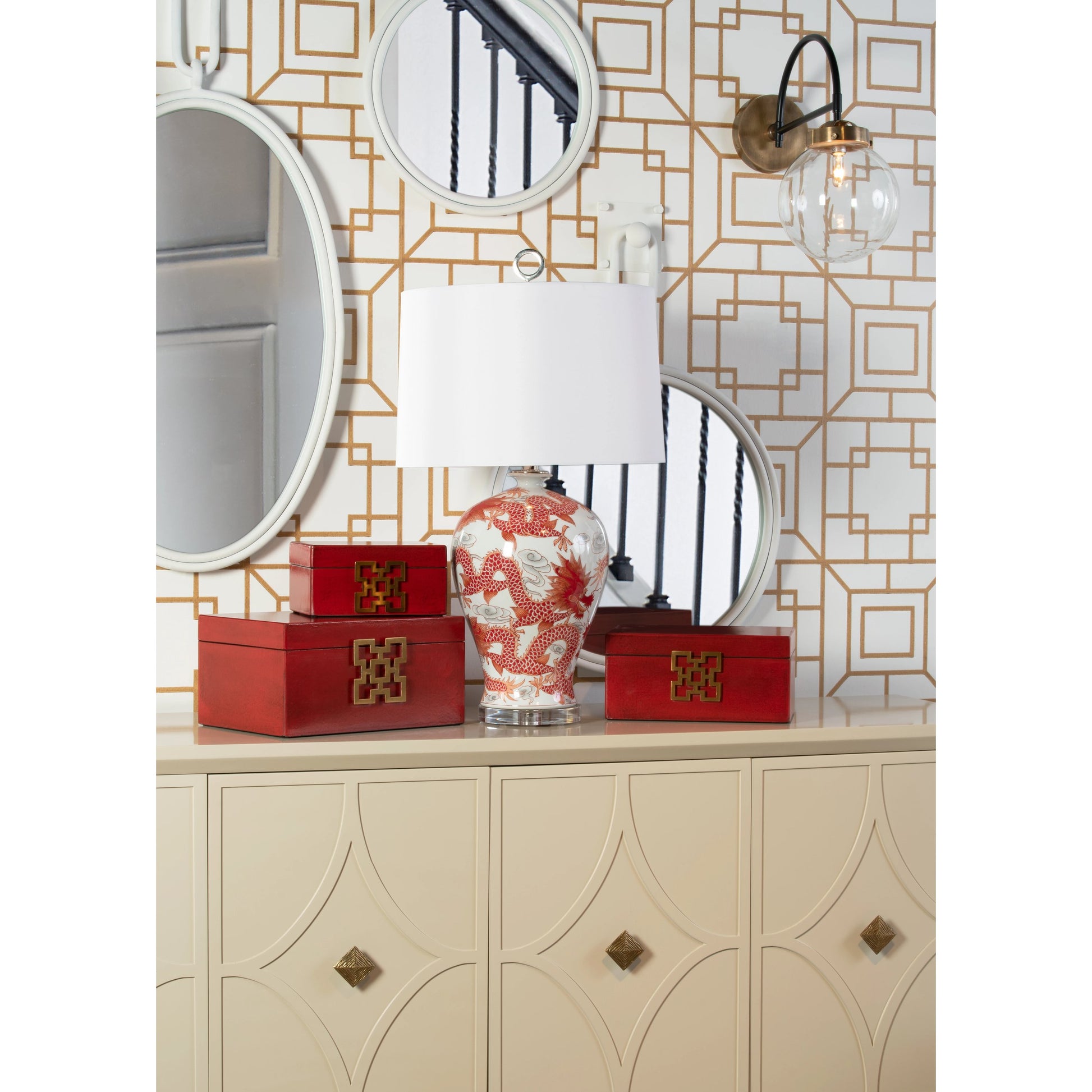 Prosperity Lamp by Wildwood in red, white glaze, clear. Made from porcelain in a traditional style.