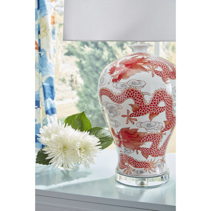 Prosperity Lamp by Wildwood in red, white glaze, clear. Made from porcelain in a traditional style.