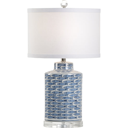 Fish Tail Lamp by Wildwood in blue, white. Made from ceramic in a coastal style.