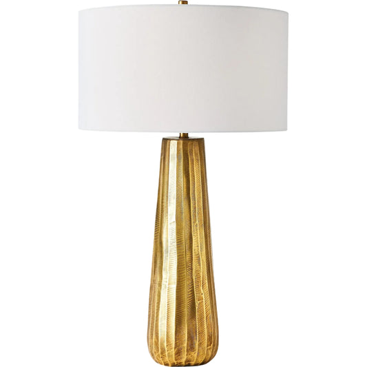 Chased Round Table Lamp by Global Views in antique brass. Made from aluminum in a modern style.