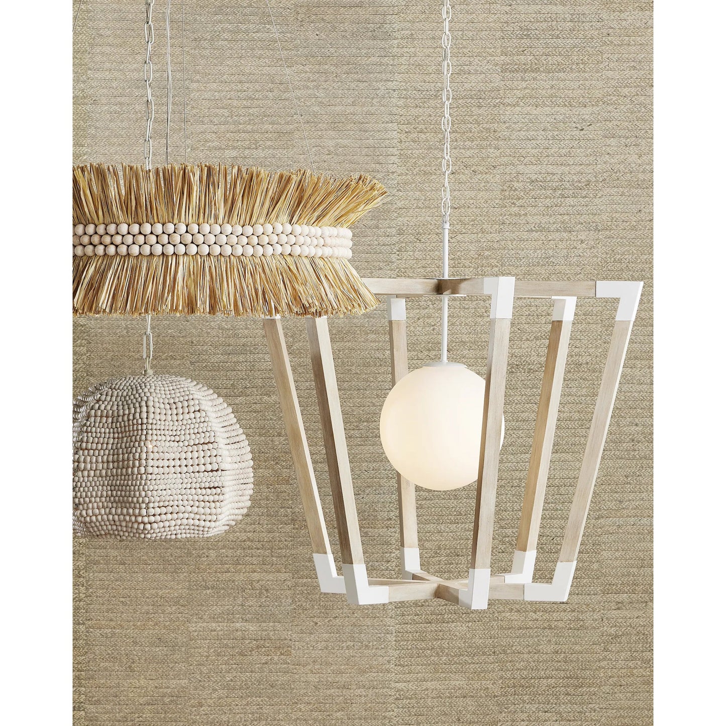 007 SI-1894555 | Lifestyle | Seychelles Chandelier by Currey and Company in sugar white, natural raffia. Made from wrought iron, raffia, wood beads in a coastal style.