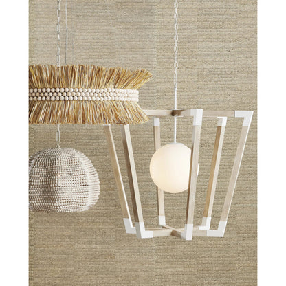Seychelles Chandelier by Currey and Company in sugar white, natural raffia. Made from wrought iron, raffia, wood beads in a coastal style.