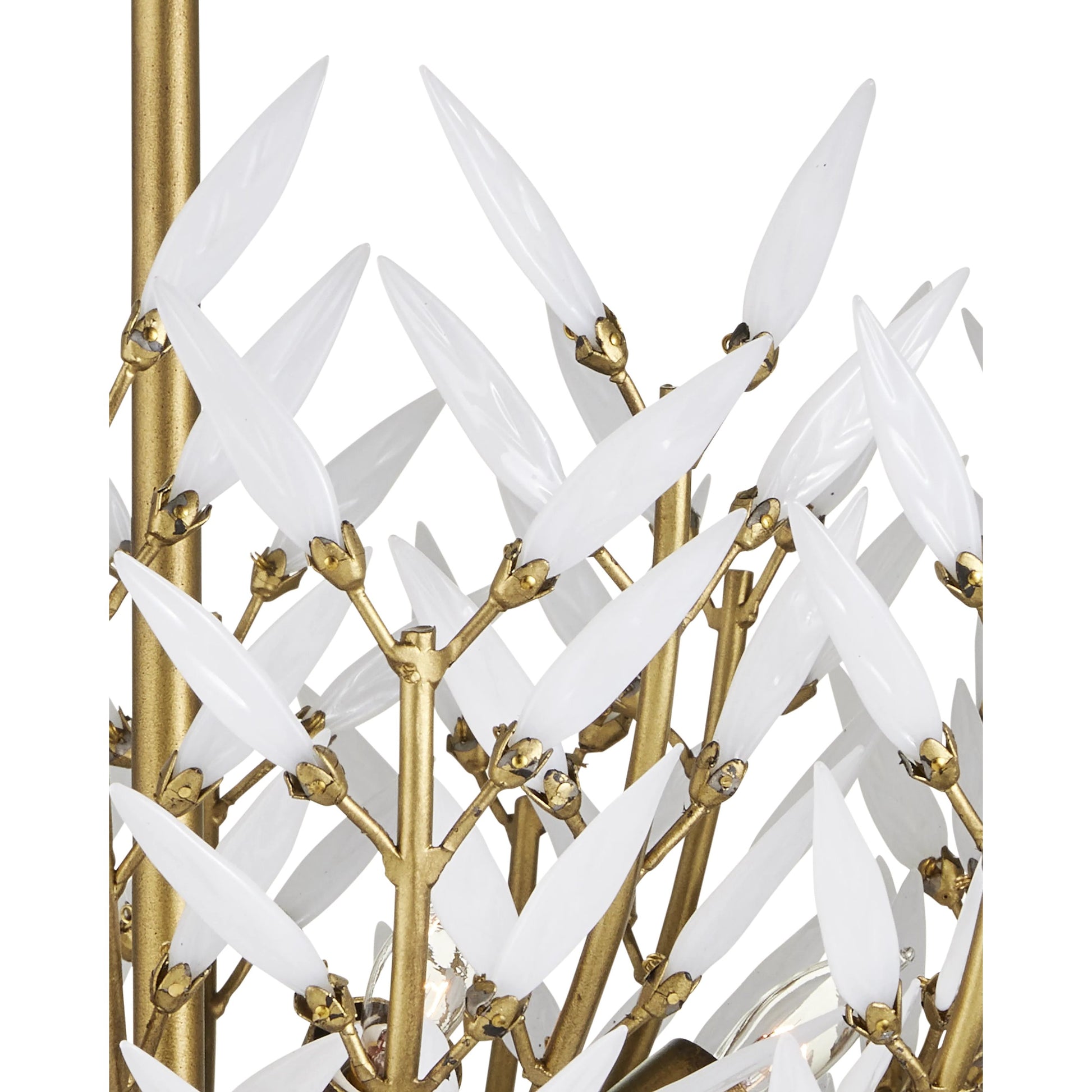 Magnum Opus Semi-Flush Mount by Currey and Company in brass, white. Made from wrought iron, glass in a modern style.
