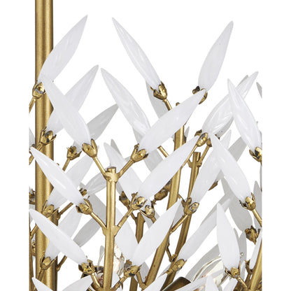 Magnum Opus Semi-Flush Mount by Currey and Company in brass, white. Made from wrought iron, glass in a modern style.
