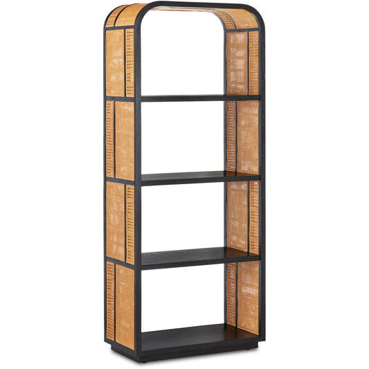 Anisa Etagere by Currey and Company in caviar black, natural. Made from oak, rattan cane in a cottage & farmhouse style.