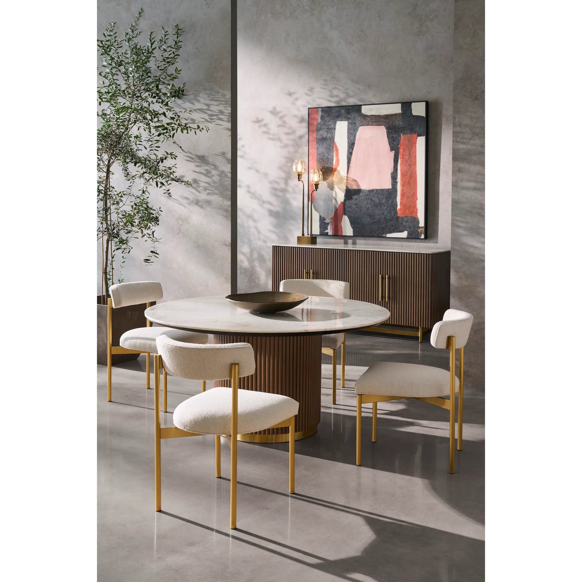 Dimitri Leather Wrapped Round Dining Table by Fairfield Chair in brown and kafe. Made from marble, leather wrap in a unique style.