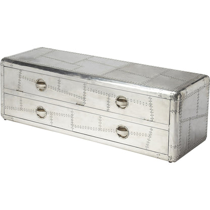 Midway Aviator Entertainment Console by Butler Specialty Company in silver and industrial chic. Made from mango wood solids, aluminium in a modern style.
