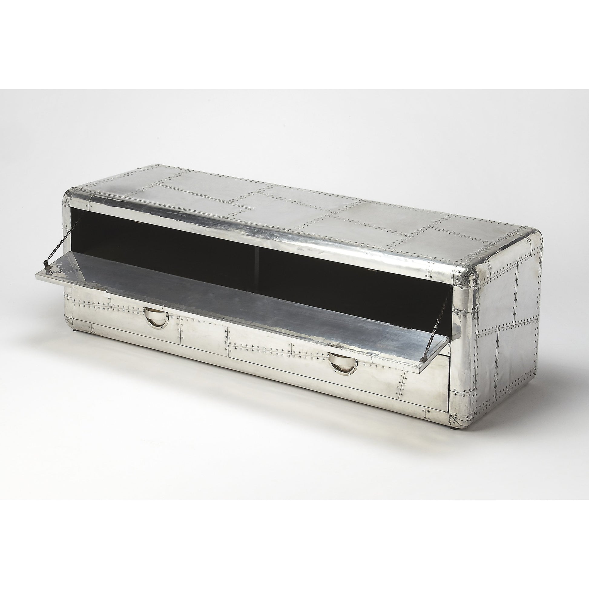 Midway Aviator Entertainment Console by Butler Specialty Company in silver and industrial chic. Made from mango wood solids, aluminium in a modern style.