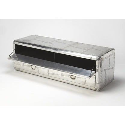 Midway Aviator Entertainment Console by Butler Specialty Company in silver and industrial chic. Made from mango wood solids, aluminium in a modern style.