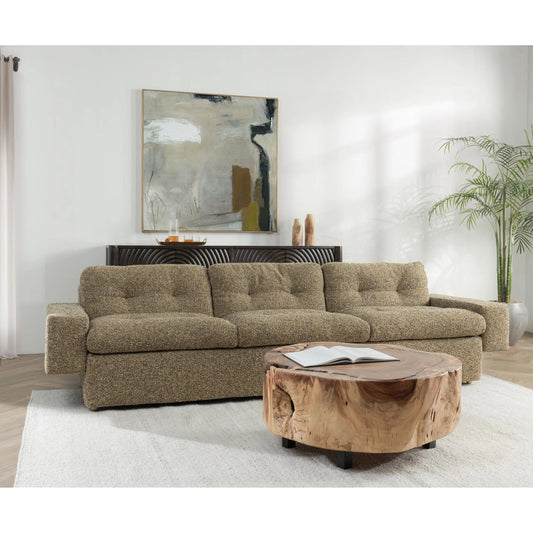 Lucca Upholstered Sofa by Classic Home in honey yellow. Made from 77% polyester, 23% acrylic, rubberwood in a transitional style.
