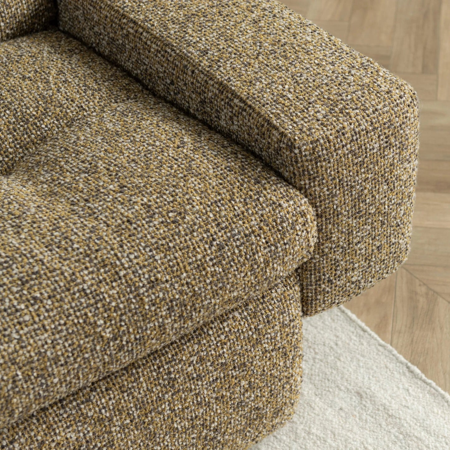 009 SI-2353770 | Closeup | Lucca Upholstered Sofa by Classic Home in honey yellow. Made from 77% polyester, 23% acrylic, rubberwood in a transitional style.