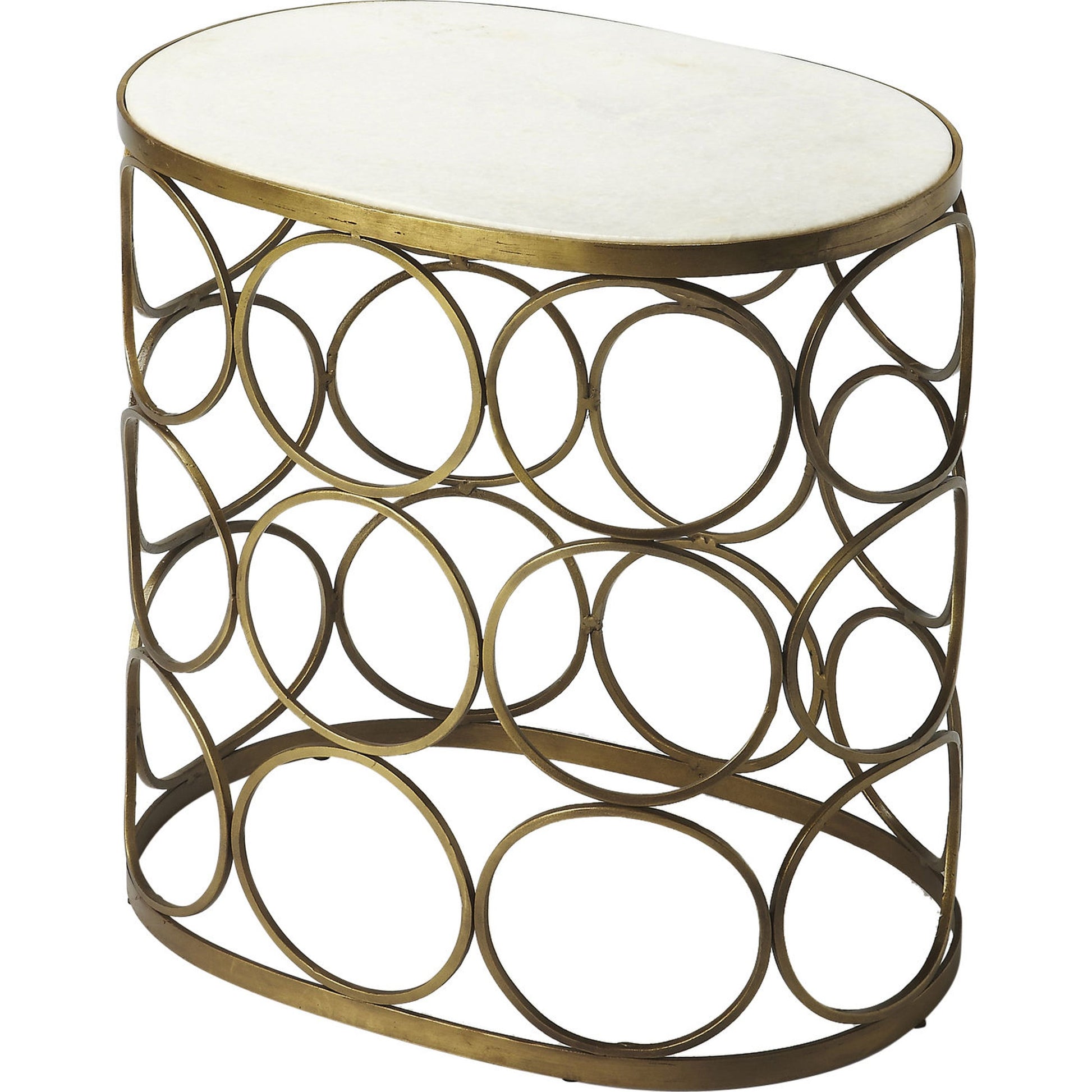 Talulah Oval Marble Accent Table by Butler Specialty Company in gold and metalworks. Made from iron, white marble in a modern style.