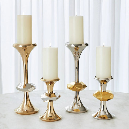 Gabriel Nickel Candle Holder by Global Views in nickel and shiny brass. Made from unique in a modern style.