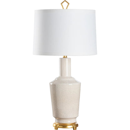 Emma Lamp by Wildwood in crackled snow glaze, antique gold leaf. Made from unique in a unique style.