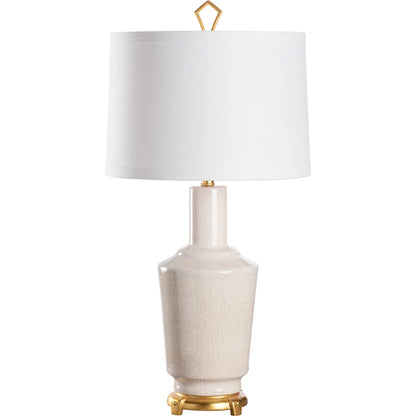 Emma Lamp by Wildwood in crackled snow glaze, antique gold leaf. Made from unique in a unique style.