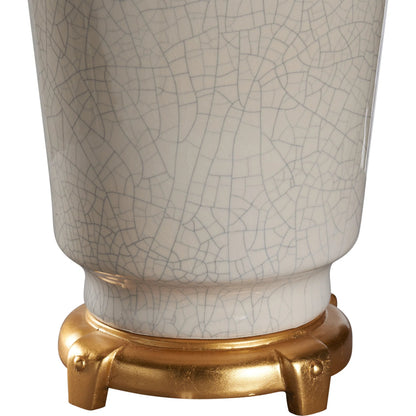Emma Lamp by Wildwood in crackled snow glaze, antique gold leaf. Made from unique in a unique style.